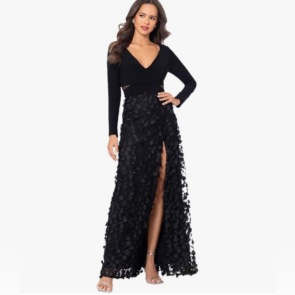Xscape Black Long Sleeve V-Neck Gown with Beautiful Floral Skirt Size 10